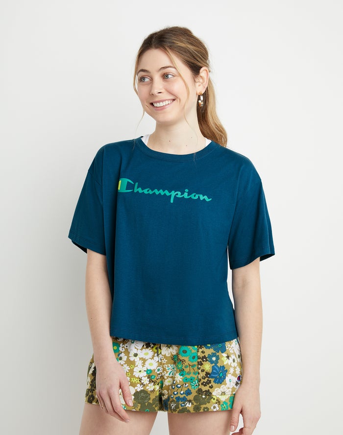 Champion Dame T-Shirts Blå - Cropped Script Logo - Danmark TPJ-354179